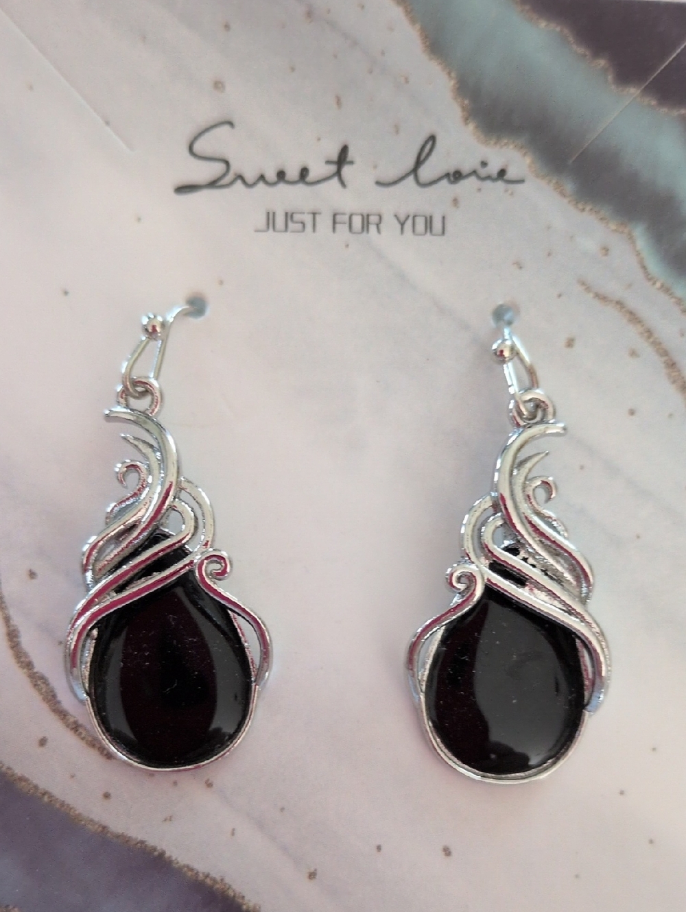 Sweet Love Black Teardrop Earrings with Silver Scroll Accents